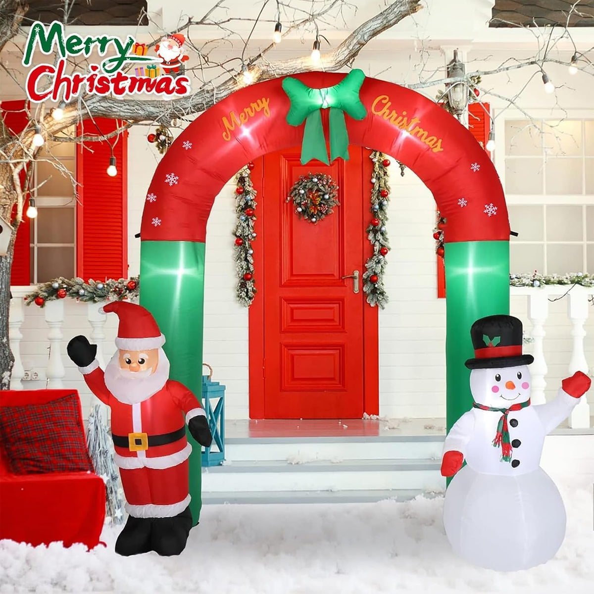 8 FT Christmas Inflatables Santa and Snowman Archway Outdoor Decorations / Blow Up Santa Claus and Snowman
