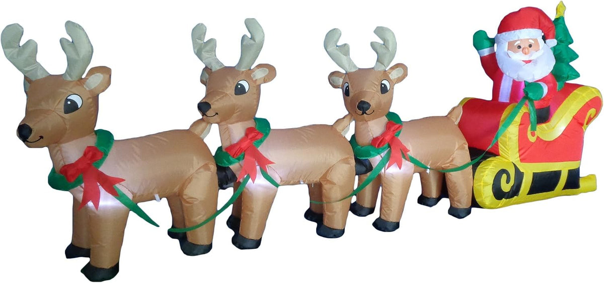 8 FT Long Christmas Inflatable Santa Claus on Sleigh with 3 Reindeer / Christmas Tree Included,