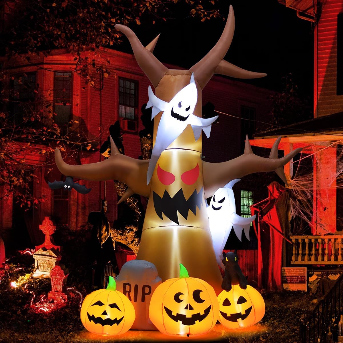 GOOSH 12 FT Halloween Inflatables Tree Outdoor Decorations Blow Up Yard Scary Dead Tree with Pumpkin Ghost Tombstone with ...