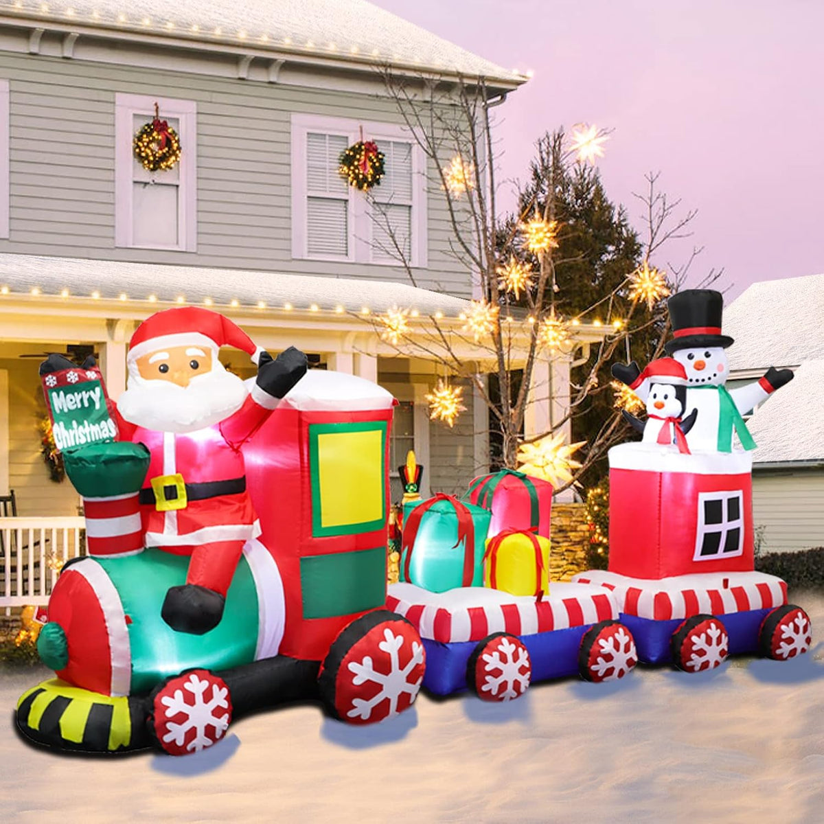 FunFanso 8 FT Christmas Inflatable Train with Santa, Snowman, Gift Boxes / Christmas Blow Up Yard Decors with