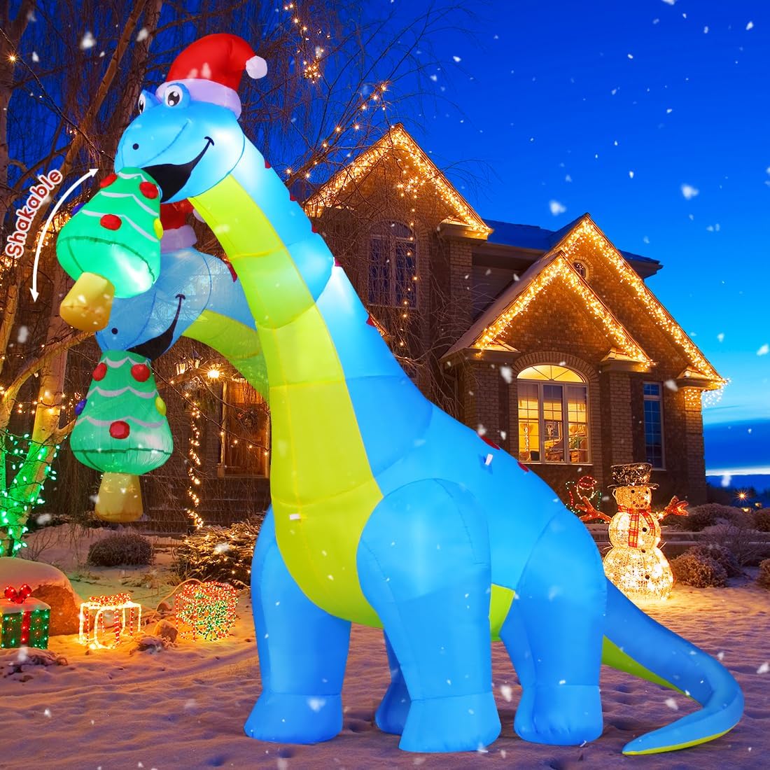 COMIN 10FT Christmas Inflatables Dinosaur with Christmas Tree Yard Decor / Built-in LEDs and shaking dinosaur