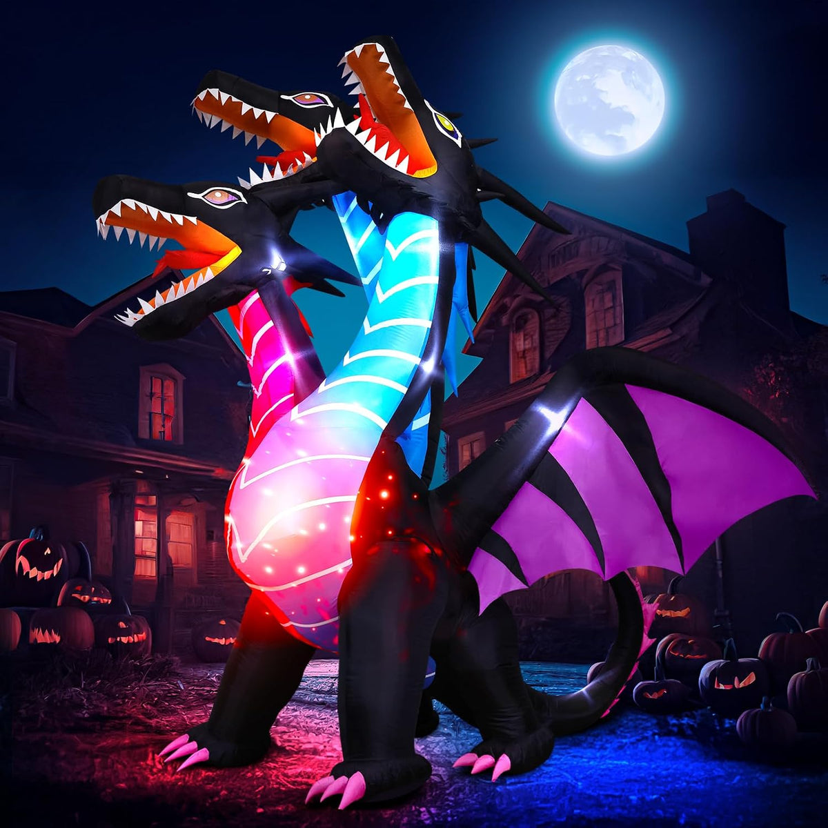 Thuodo 8 FT Tall Halloween Inflatables Dragon Outdoor Decorations Blow Up Yard Three-Headed Dragon with Built-in LEDs for ...