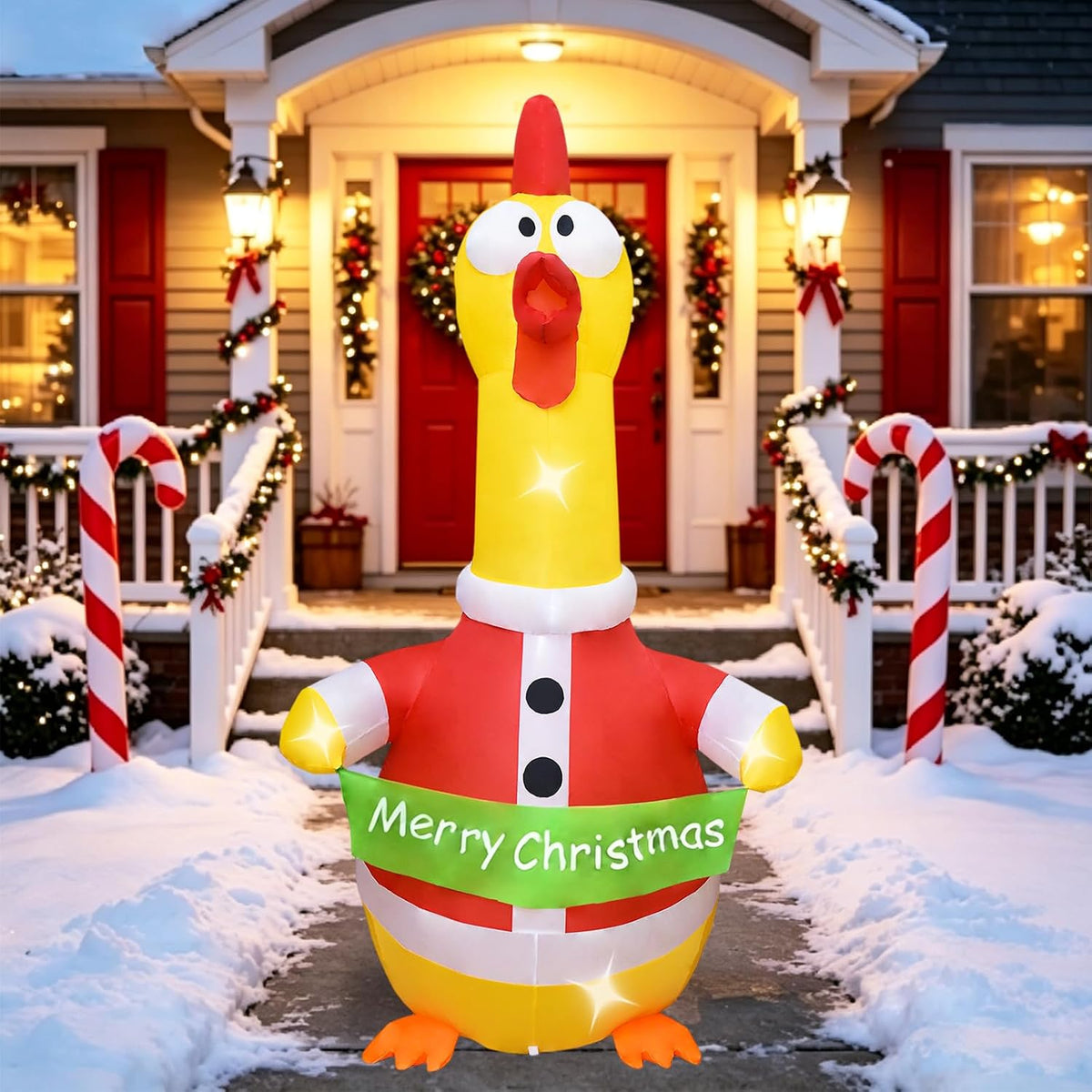 8 FT Christmas Inflatables Outdoor Decorations, Blow Up Screaming Chicken / Built-in LED Lights, Funny