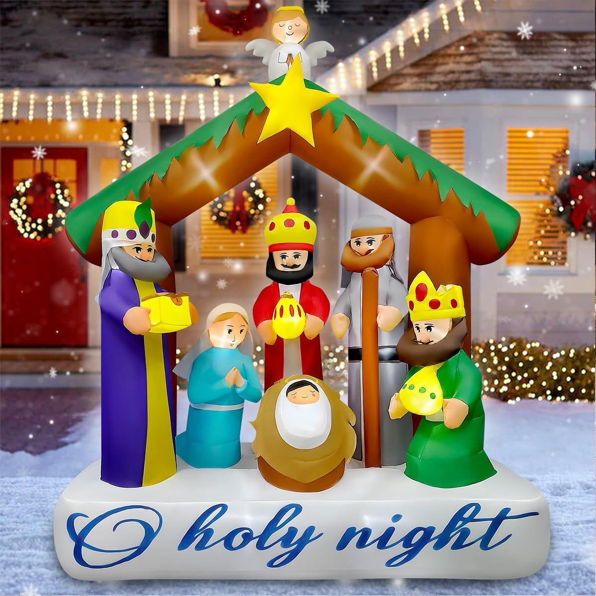 7FT Christmas Inflatable Nativity Scene, Large Outdoor Christmas Decorations with 16 LED Lights, Blow Up