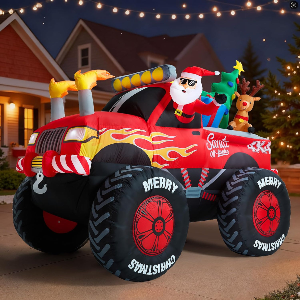 8.5 FT Long Santa in Monster Truck Christmas Inflatables Outdoor Decorations, Christmas Blow Up Santa Claus
