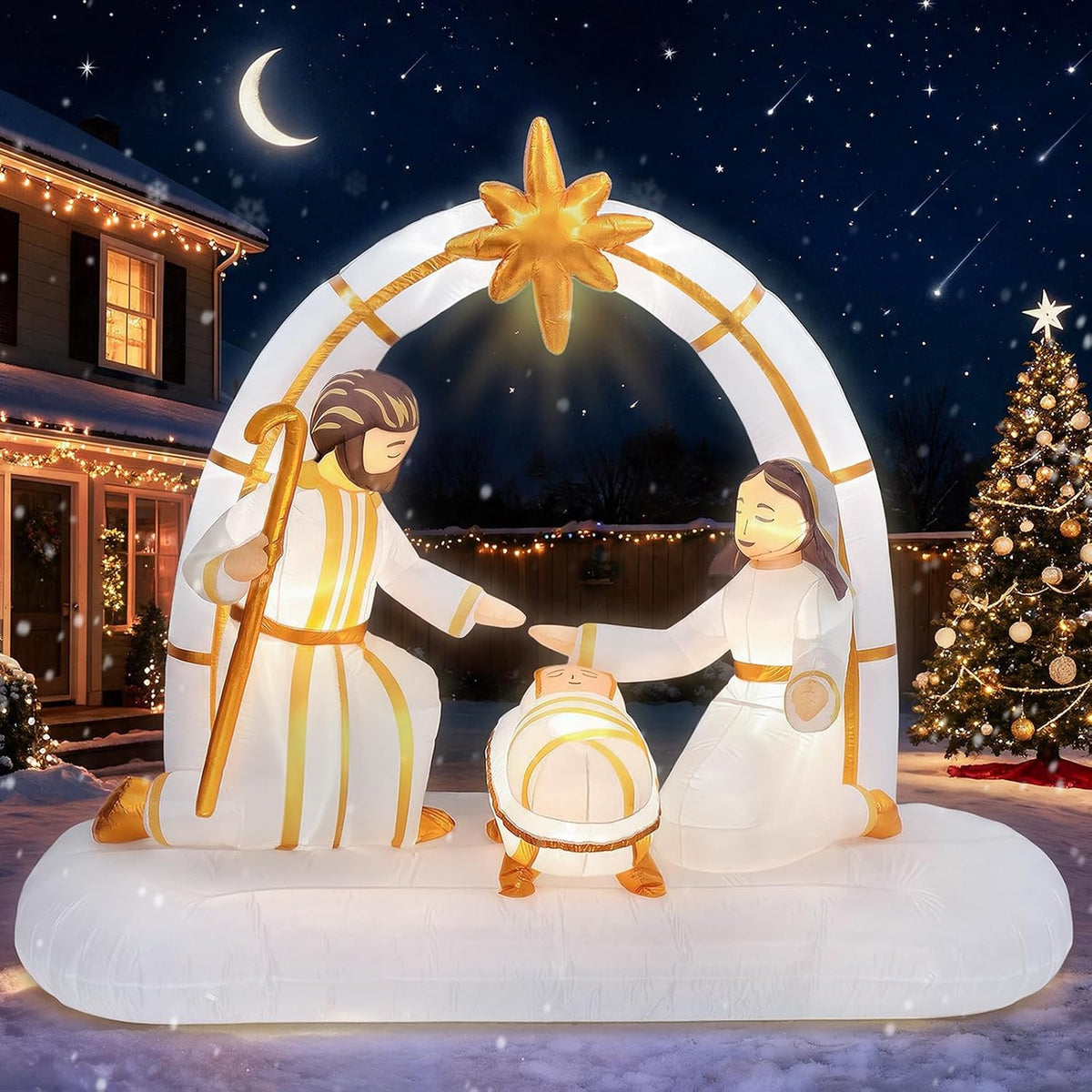 7 FT Christmas Inflatable Nativity Scene Outdoor Decorations, White Gold / Holy Christmas Blow Ups Nativity