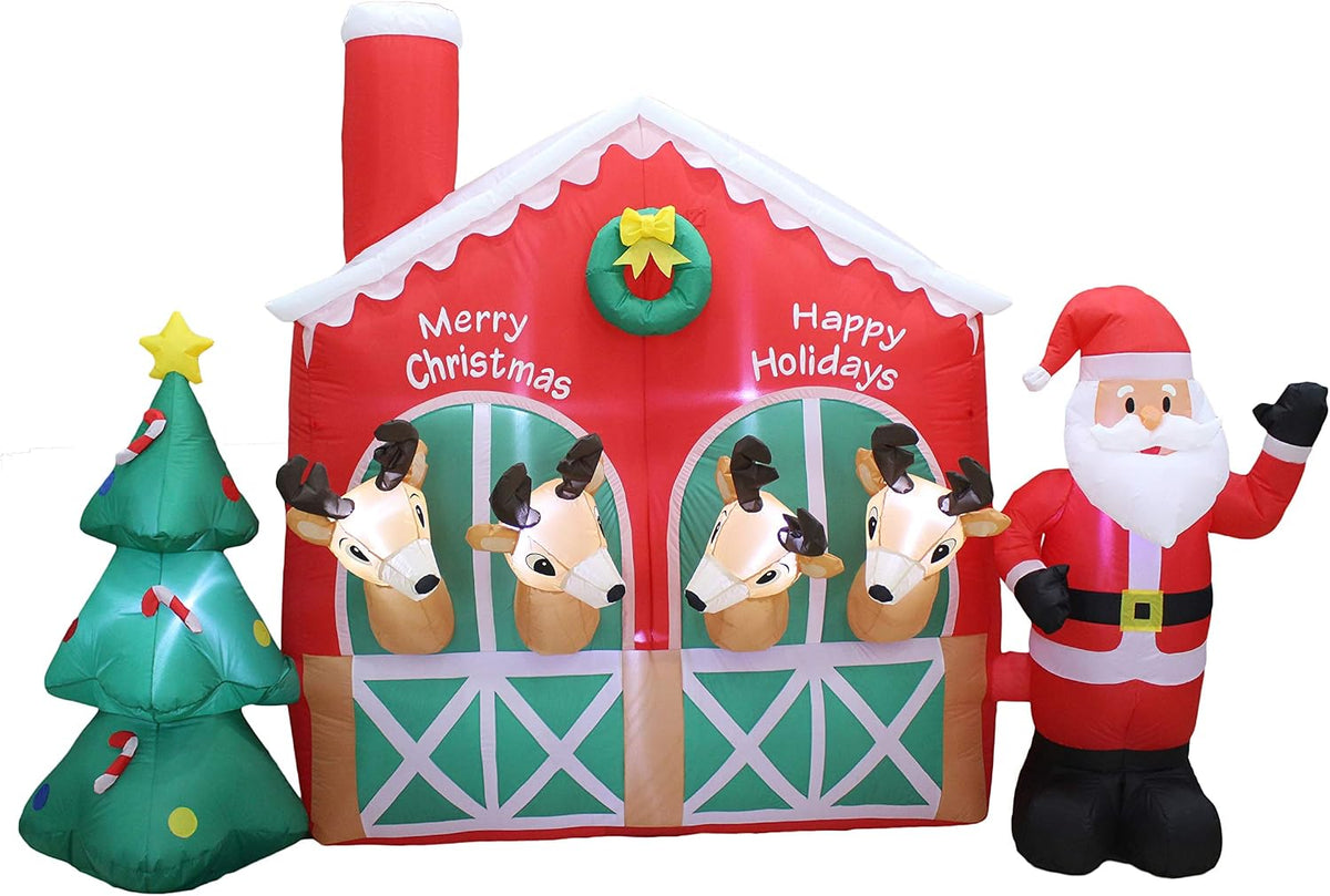9 Foot Long Christmas Inflatable Santa Claus Reindeer in Stable / With Christmas Tree, Cute Lights Lighted,