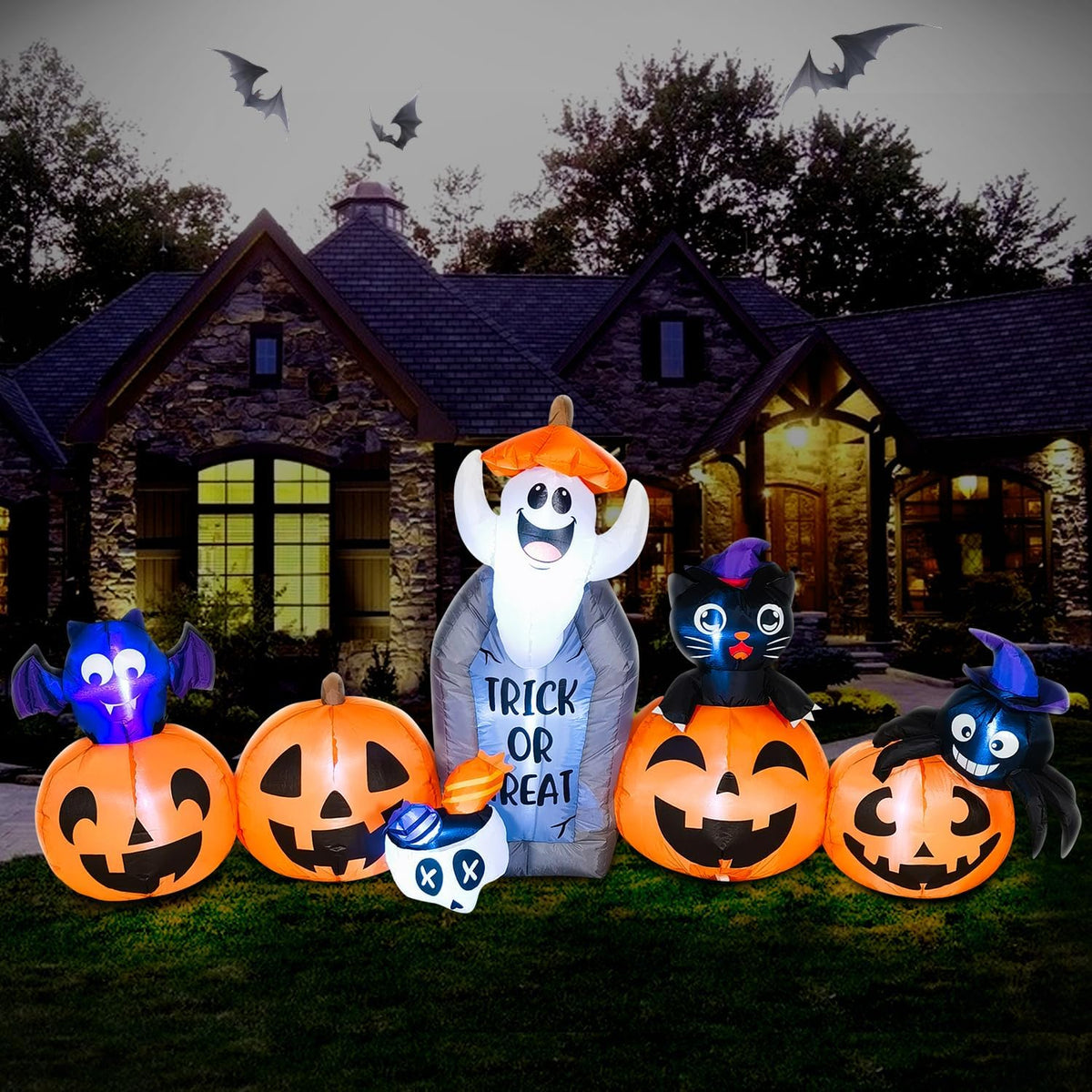 DomKom 8FT Halloween Inflatable Decorations, Blow Up Pumpkins and Tombstone Ghost Cat Bat Spider, LED Lights,
