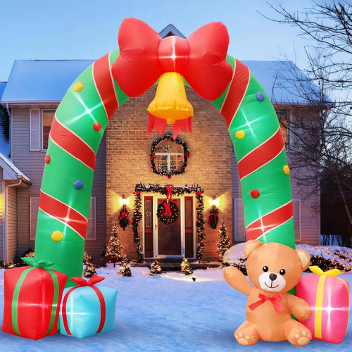 10FT Christmas Inflatable Outdoor Decorations Candy Cane Christmas Archway Inflatables with Bow Bells Bear