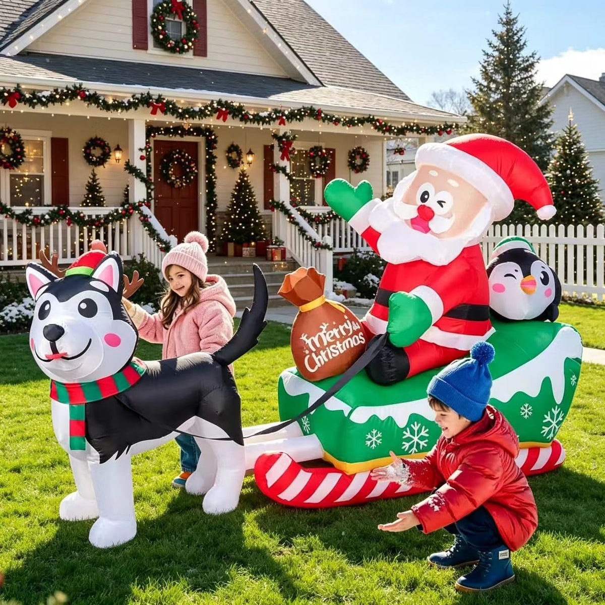 Christmas Inflatable Santa on Sled Pulled Blow‑up Yard Decoration / Christmas Inflatable Santa Blow‑up Yard