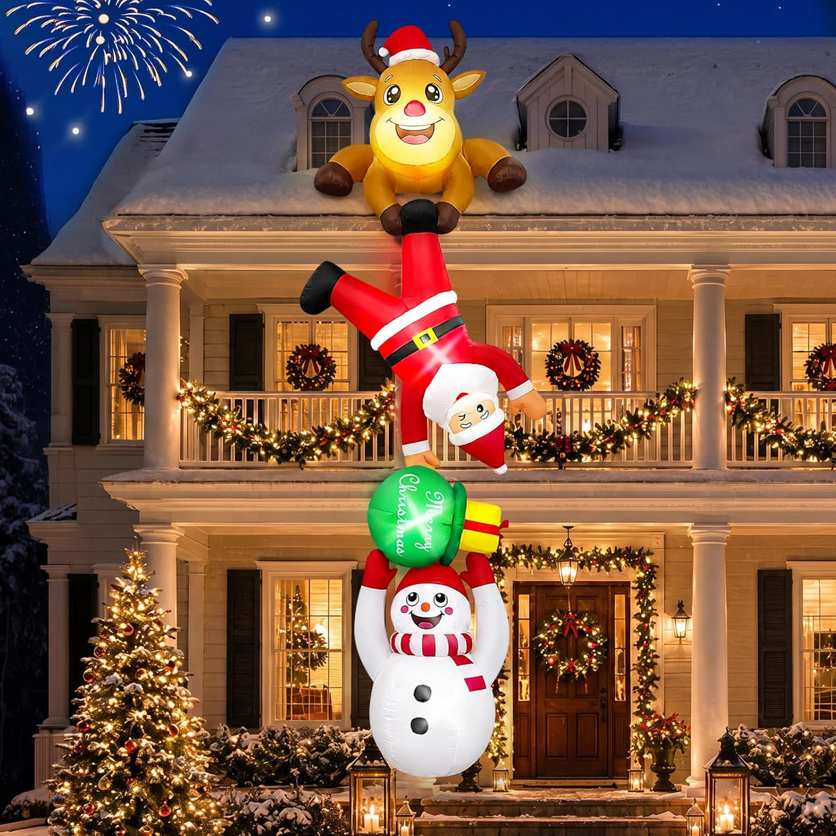 12FT Hanging Christmas Inflatable Outdoor Decorations Funny Santa & Snowman / Reindeer Pull Santa Snowman