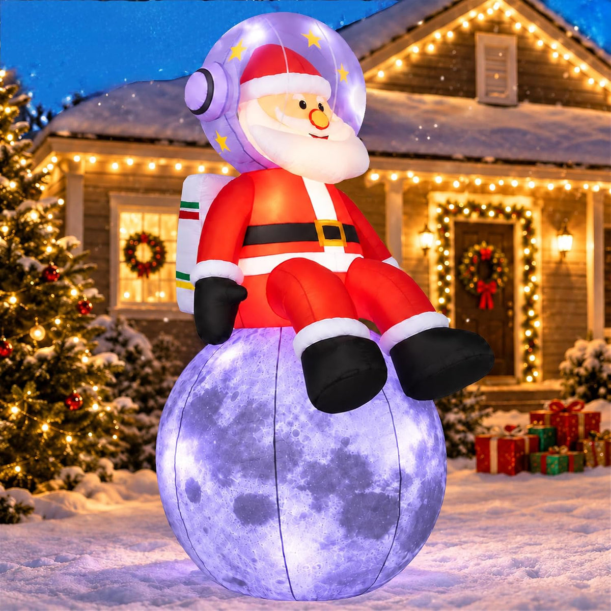 8FT Christmas Inflatable Astronaut Santa Claus on Moon with LED Lights / Large Outdoor Blow Up Christmas Yard