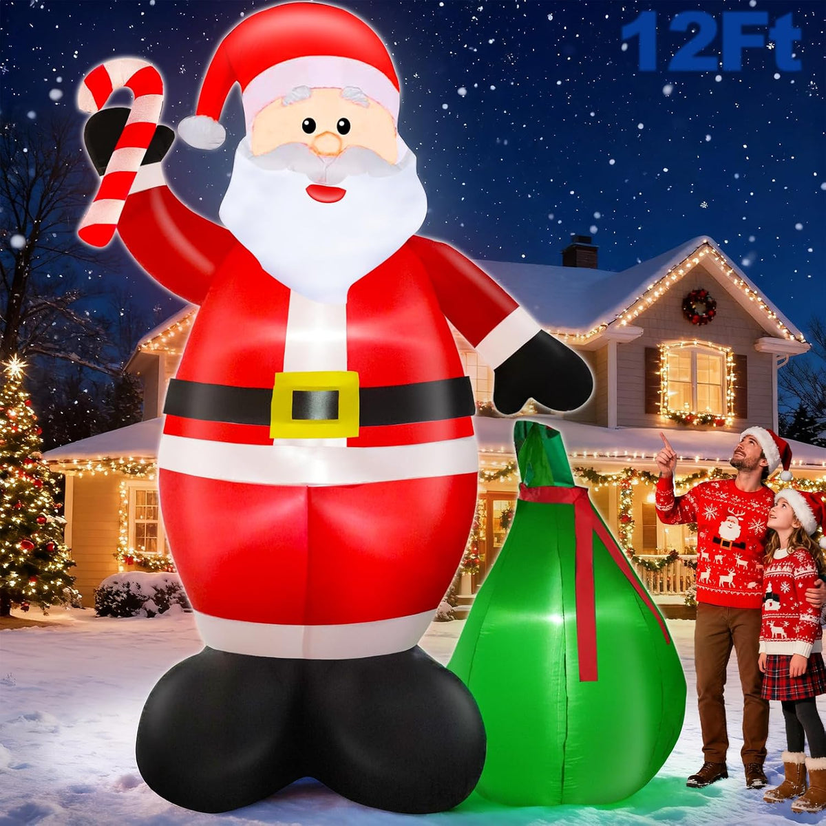 12 Ft by 7.6 Ft Giant Christmas Inflatables Decorations Outdoor Santa Claus with Gift Bag with LED Light for