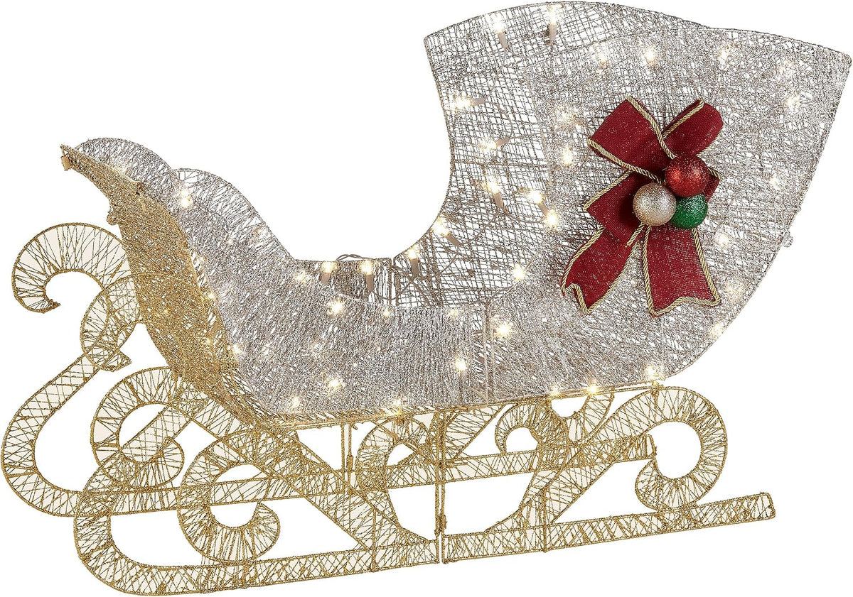 National Tree Company 38in Pre-lit Crystal Splendor Sleigh / 70 Warm White LED Lights, Ground Stakes,