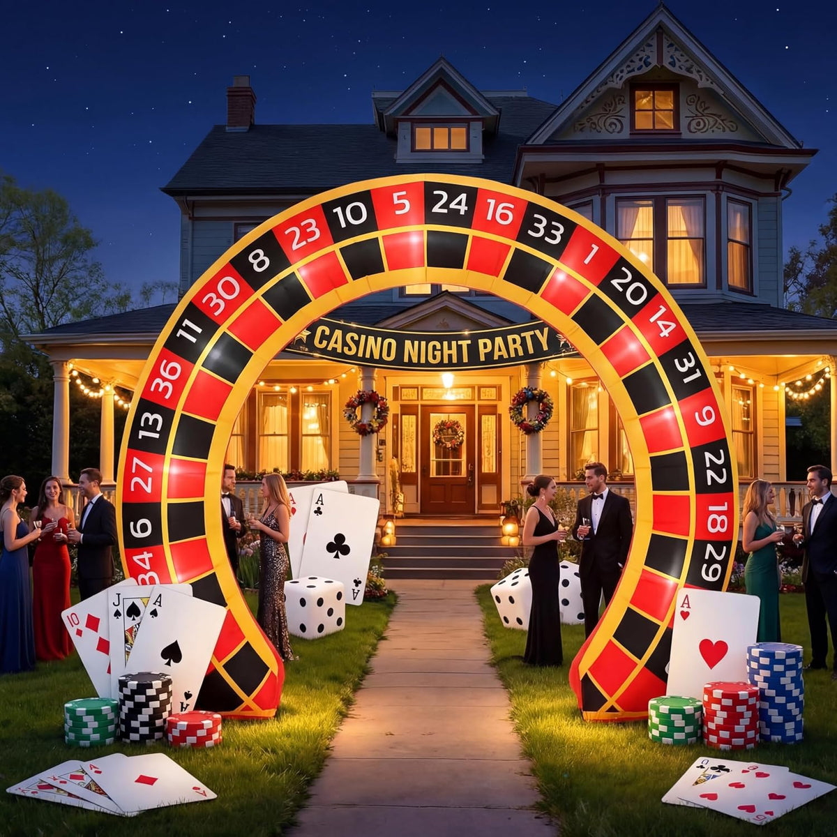 Gilprop 10 ft Casino Night Inflatable Archway with Built-in LED Lights / Black, Red and Gold Roulette Entr